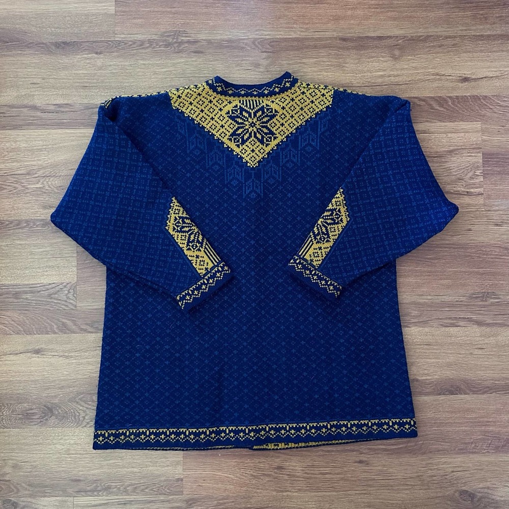 Vintage 70s/80s Norleander Blue Yellow Fair Isle Wool Cardigan size XL - Picture 4 of 5